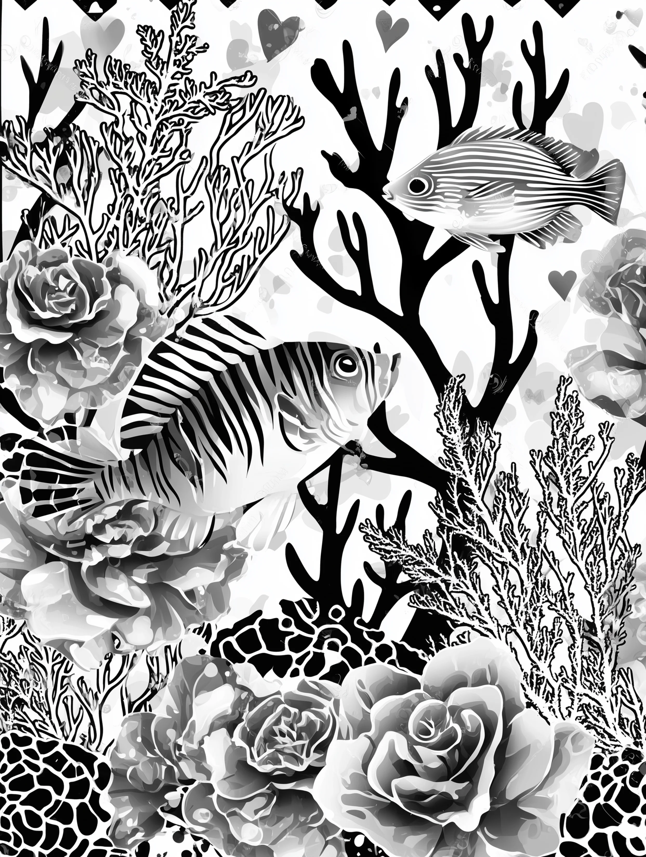 Free printable coloring page for adults featuring a floral coral fish illustration